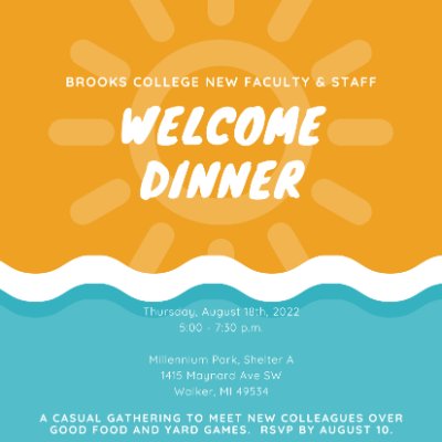 Brooks College New Faculty & Staff Welcome Dinner event flyer